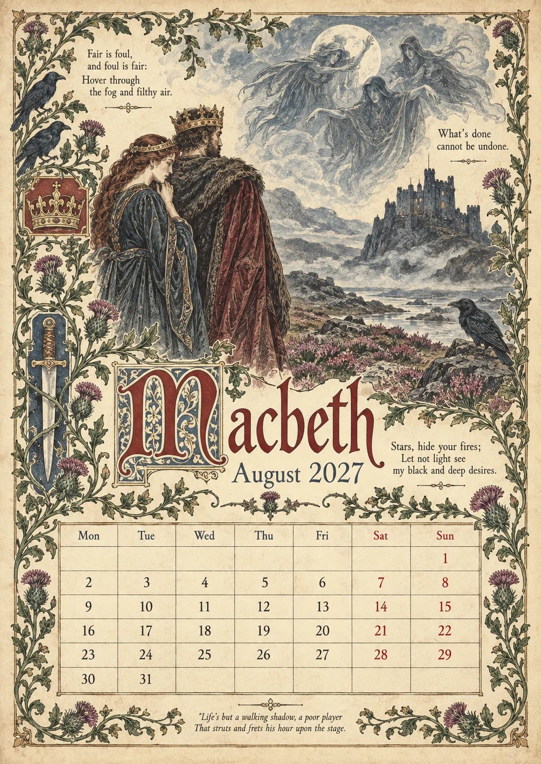 🎁A Shakespearean Year 2027 – 12 Plays Through the Seasons | Vintage Illustrated Wall Calendar
