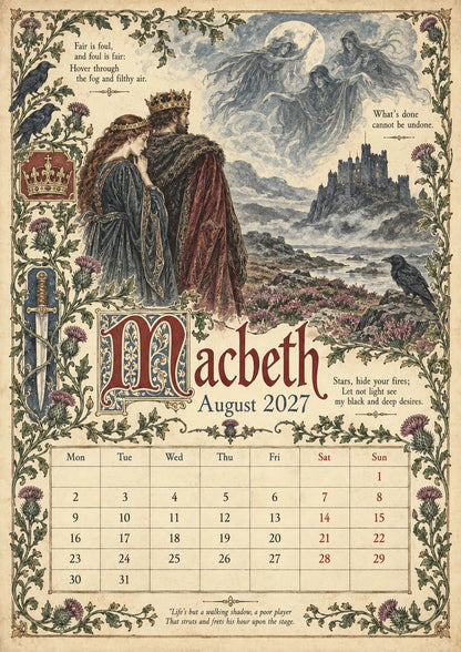 🎁A Shakespearean Year 2027 – 12 Plays Through the Seasons | Vintage Illustrated Wall Calendar