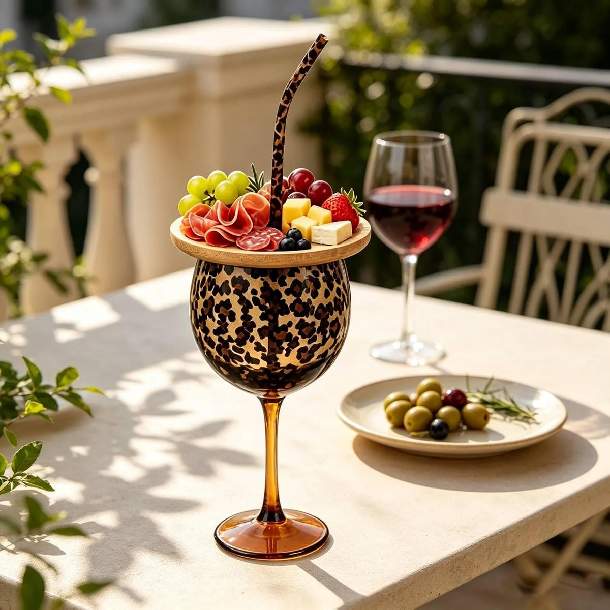Leopard Print Glass Gift Set Stemmed Wine Glasses with Charcuterie Board