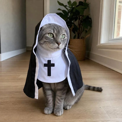 🐈‍⬛ Holy Cat Nun Costume – Funny Halloween Cat Outfit, Cute Black & White Pet Costume for Photos & Cat Lovers 🎃