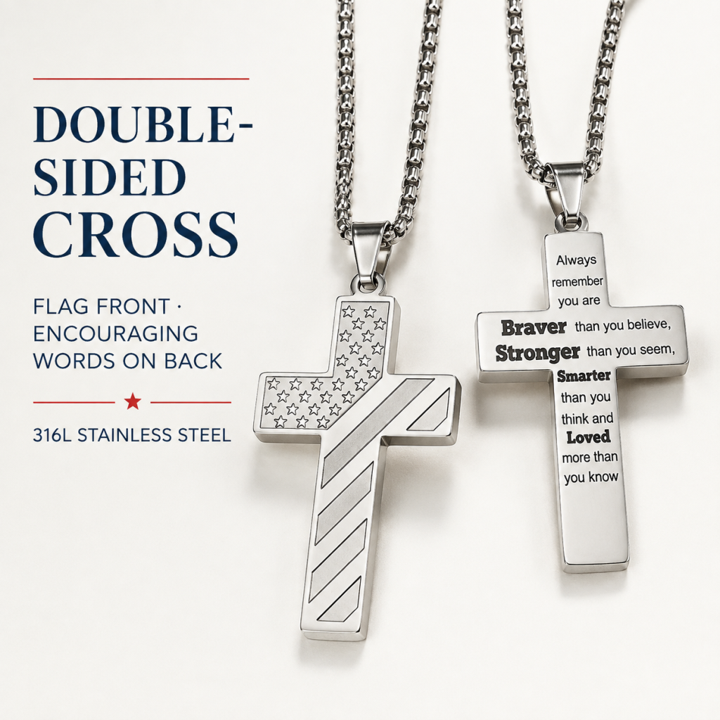 Men’s American Flag Cross Necklace | Wear Your Faith & Inner Strength ✝︎ Braver Stronger Smarter Loved Engraved Pendant