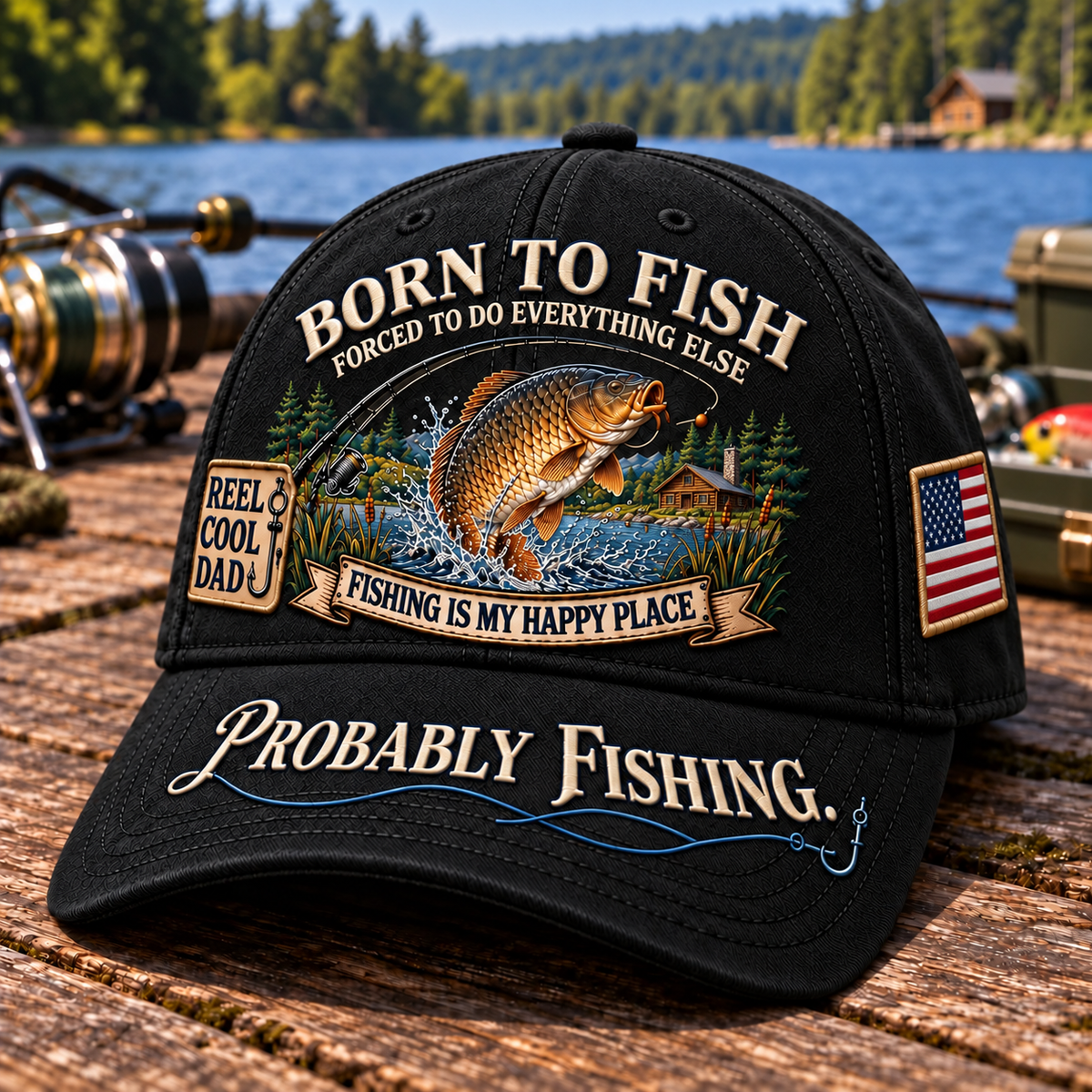🎣 Born To Fish “Probably Fishing” USA Angler Tribute Cap  | Cotton-Poly Blend • Detailed Embroidery • Adjustable Fit