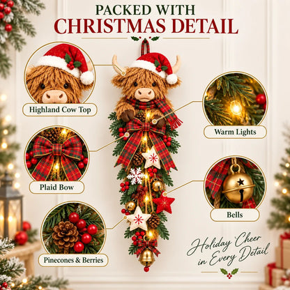 🐮🎄 Lighted Highland Cow Christmas Door Swag – A Cozy Holiday Welcome