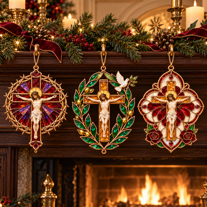 2026 Sacred Light — Vintage Stained Glass–Style Crucifix Christmas Ornaments | Set of 6