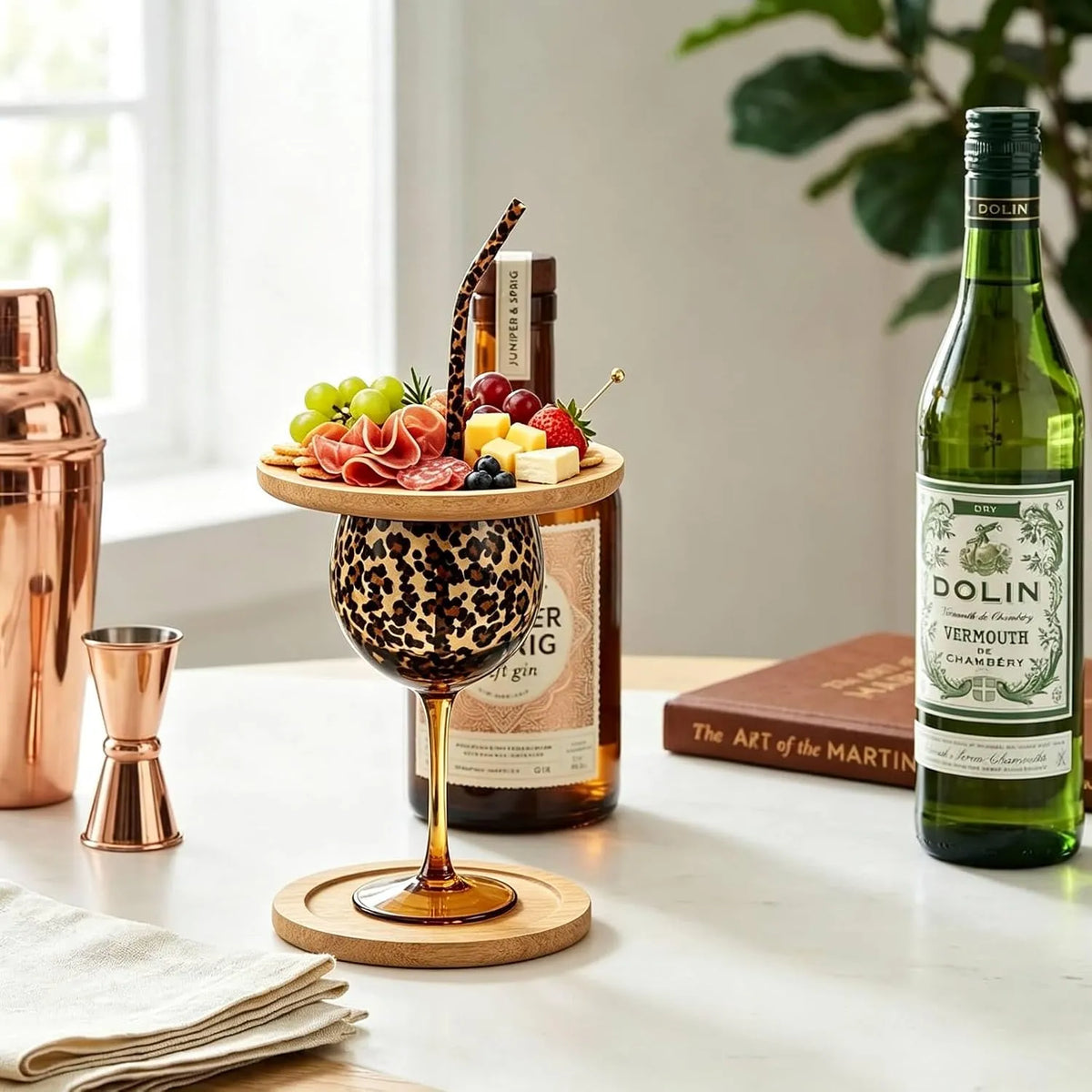 Leopard Print Glass Gift Set Stemmed Wine Glasses with Charcuterie Board