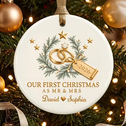 Personalized First Christmas Married Ceramic Ornament - Custom Couple Names & Year Christmas Tree Keepsake Gift