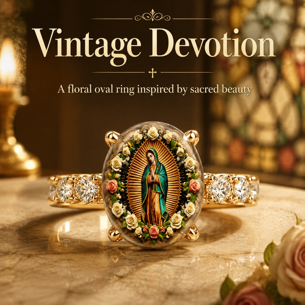 Vintage floral oval print ring featuring the Virgin Mary