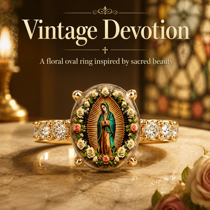 Vintage floral oval print ring featuring the Virgin Mary