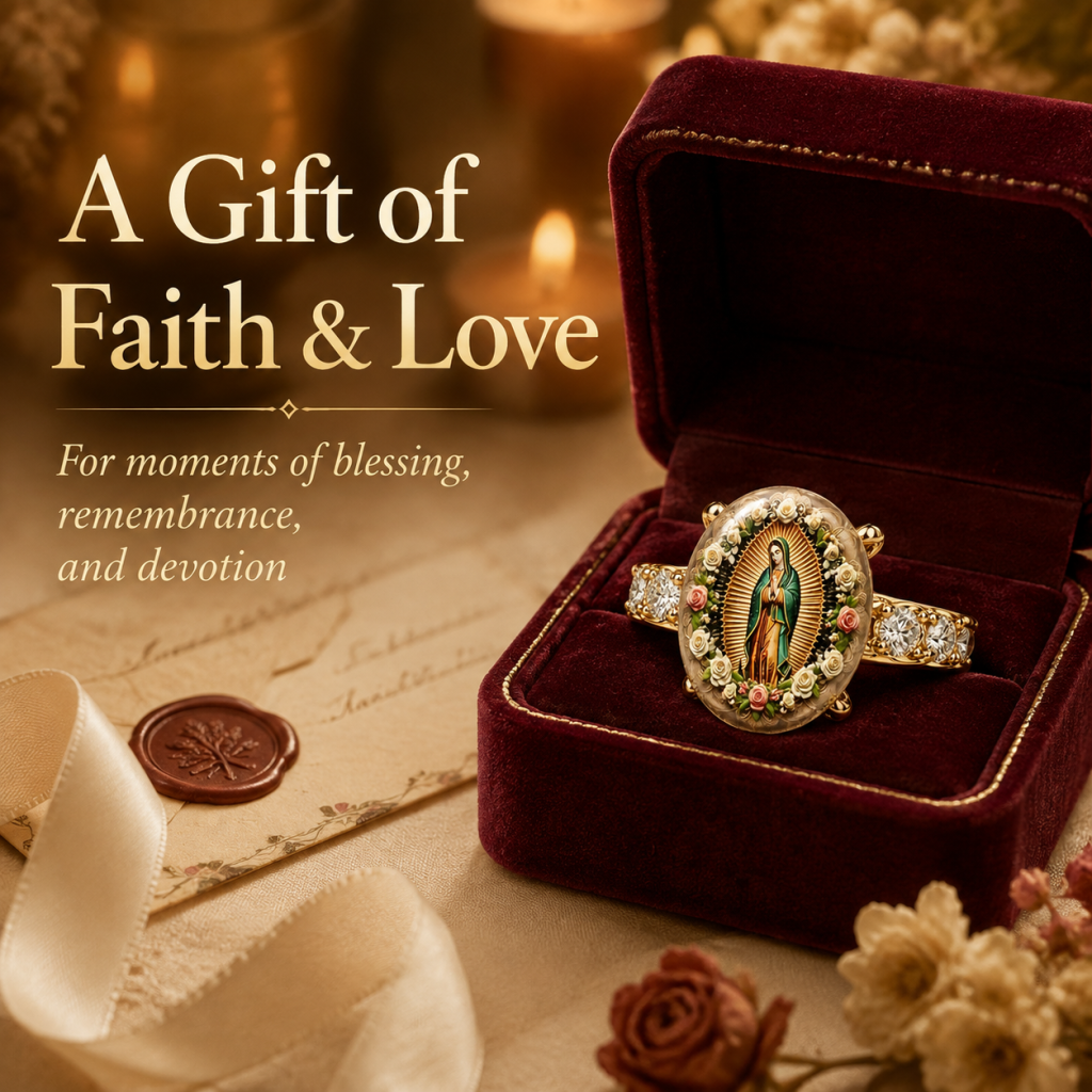 Vintage floral oval print ring featuring the Virgin Mary