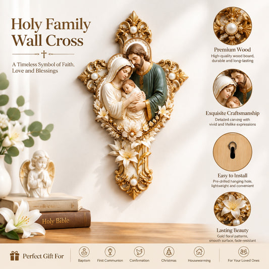 Holy Family Wooden Cross Wall Hanging ✝️ Catholic Religious Home Decor Gif