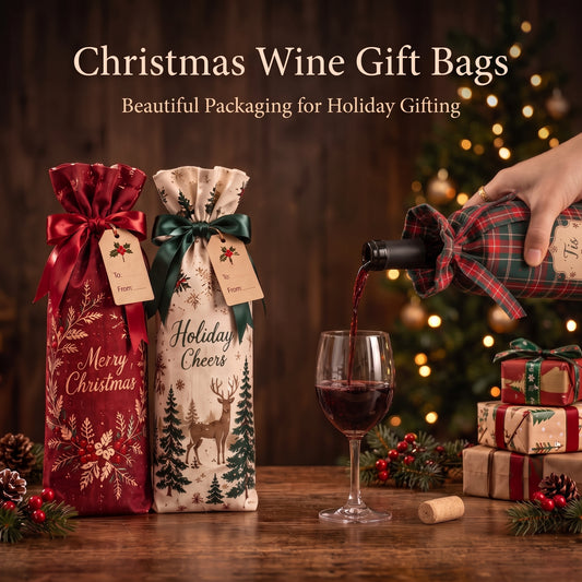 Christmas Wine Gift Bag Set of 3 🍷 | Reusable Linen Wine Bottle Sacks with Gift Tags