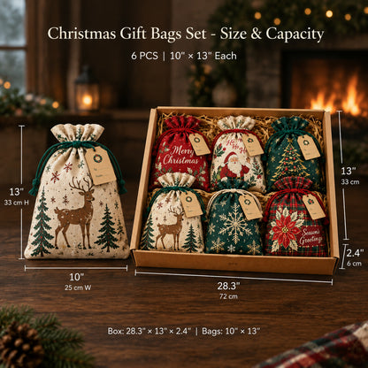 ✨ Christmas Gift Sacks 6pcs, Santa Reindeer Linen Drawstring Pouches