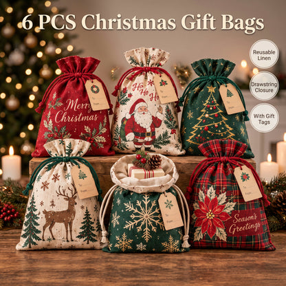✨ Christmas Gift Sacks 6pcs, Santa Reindeer Linen Drawstring Pouches
