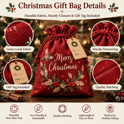 ✨ Christmas Gift Sacks 6pcs, Santa Reindeer Linen Drawstring Pouches