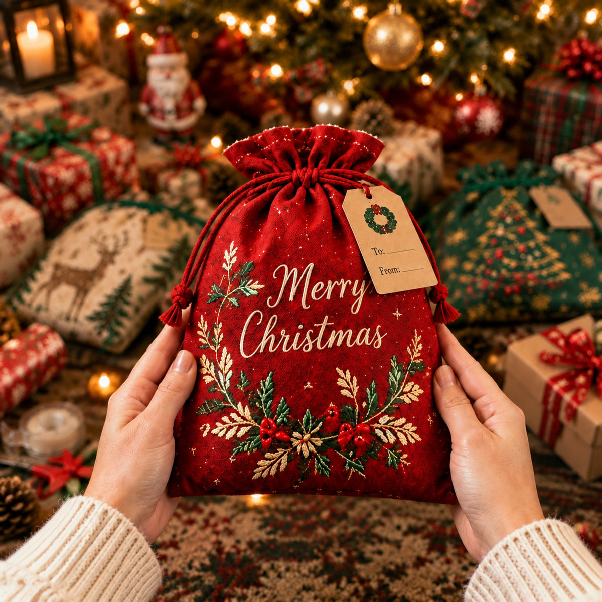 ✨ Christmas Gift Sacks 6pcs, Santa Reindeer Linen Drawstring Pouches