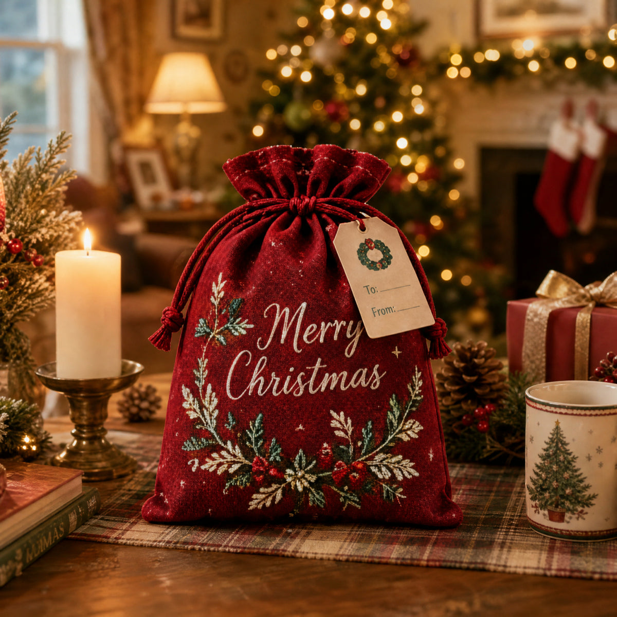 ✨ Christmas Gift Sacks 6pcs, Santa Reindeer Linen Drawstring Pouches