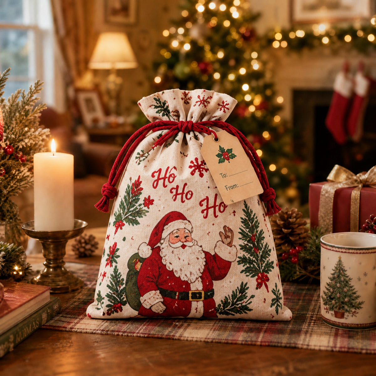 ✨ Christmas Gift Sacks 6pcs, Santa Reindeer Linen Drawstring Pouches