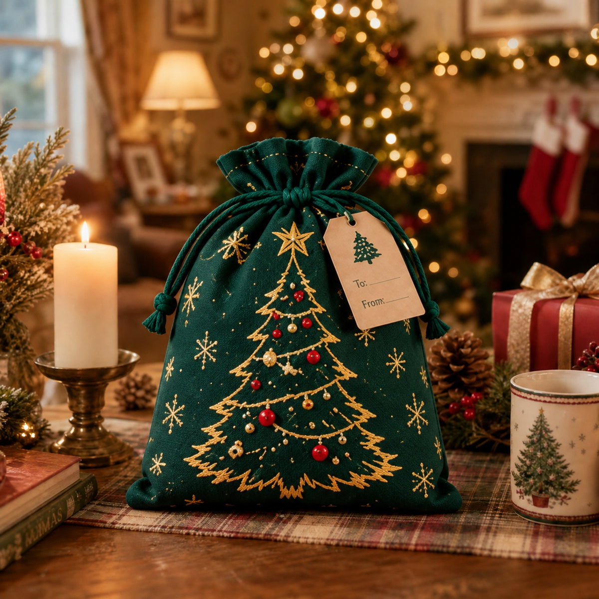 ✨ Christmas Gift Sacks 6pcs, Santa Reindeer Linen Drawstring Pouches
