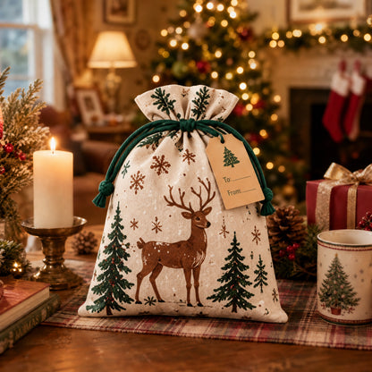 ✨ Christmas Gift Sacks 6pcs, Santa Reindeer Linen Drawstring Pouches