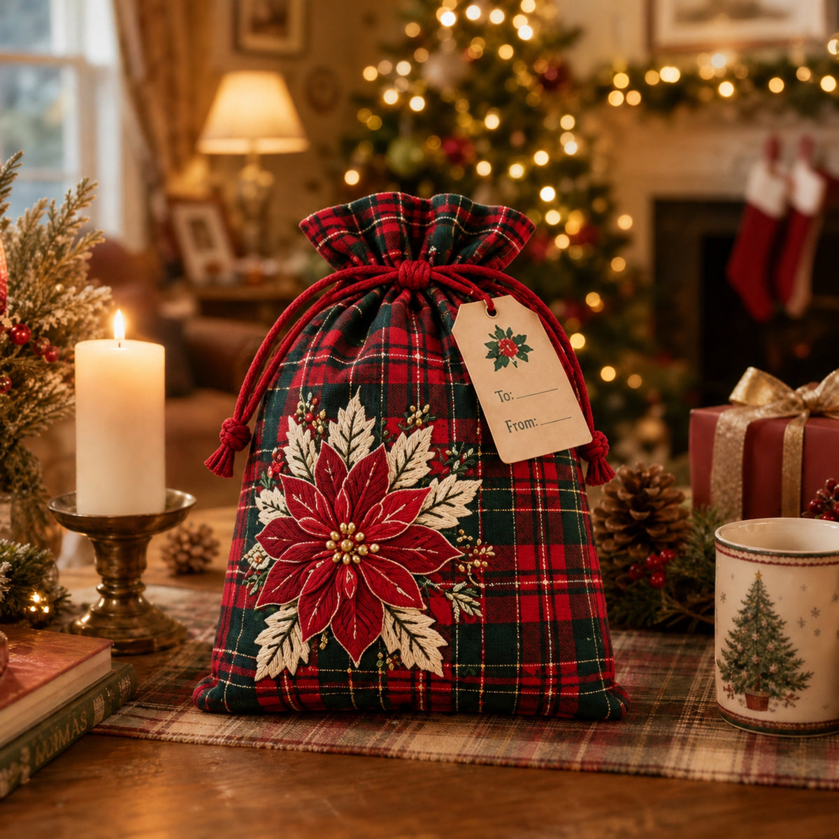 ✨ Christmas Gift Sacks 6pcs, Santa Reindeer Linen Drawstring Pouches
