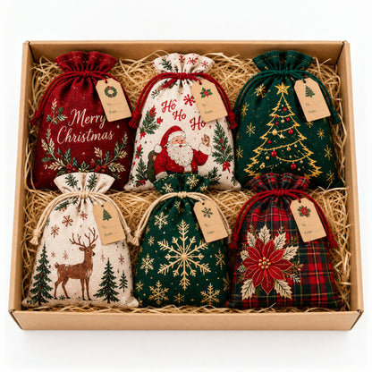 ✨ Christmas Gift Sacks 6pcs, Santa Reindeer Linen Drawstring Pouches