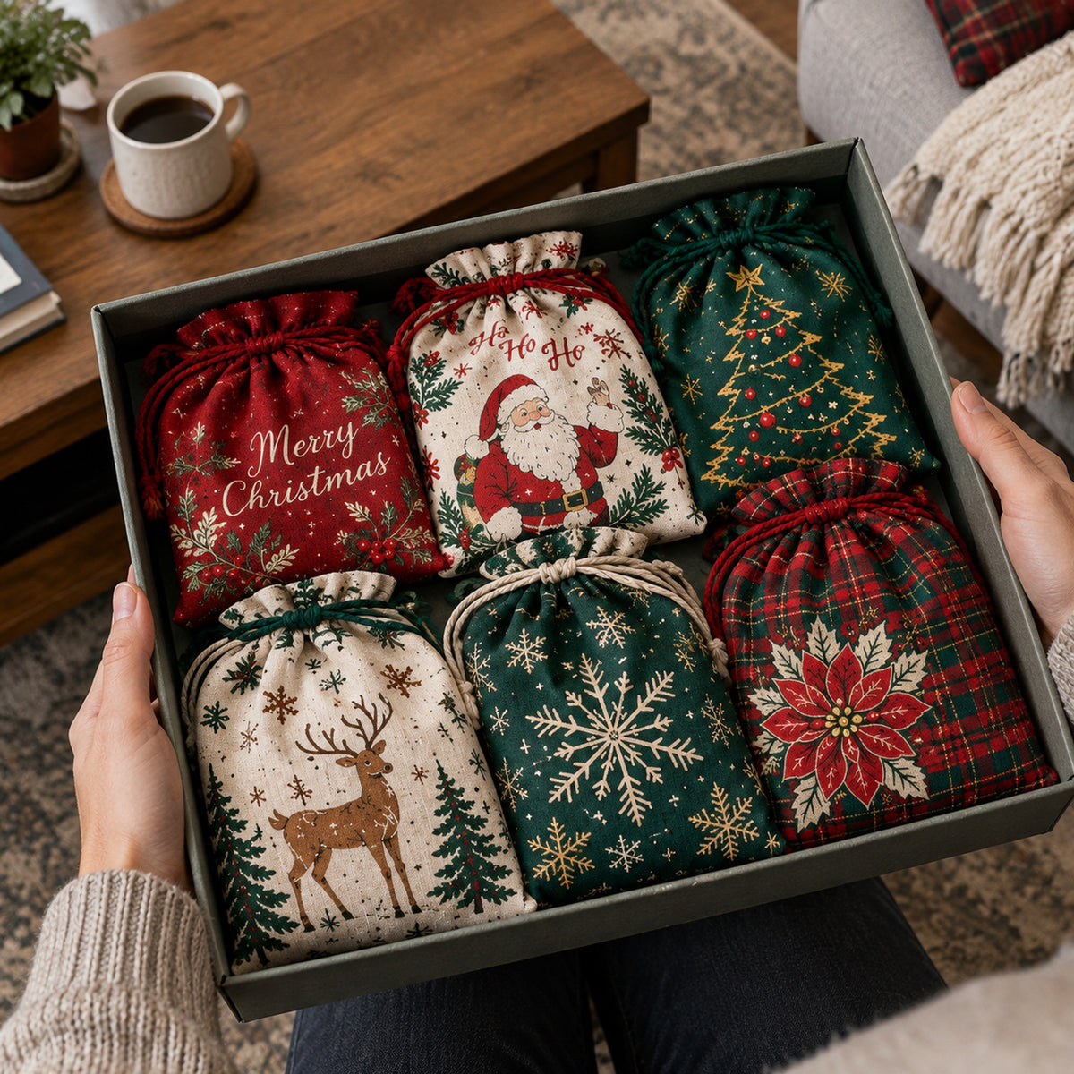✨ Christmas Gift Sacks 6pcs, Santa Reindeer Linen Drawstring Pouches