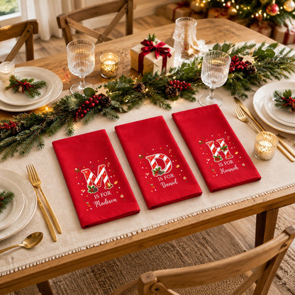 🎄 Personalized Candy Cane Initial Christmas Napkins | Custom Name Holiday Table Decor & Hostess Gift 🎅
