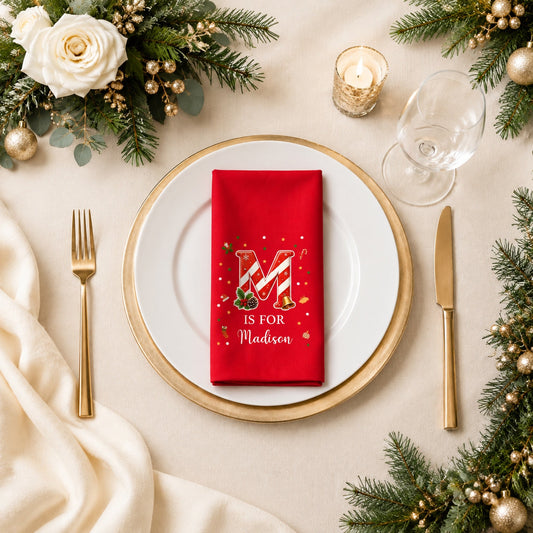 🎄 Personalized Candy Cane Initial Christmas Napkins | Custom Name Holiday Table Decor & Hostess Gift 🎅