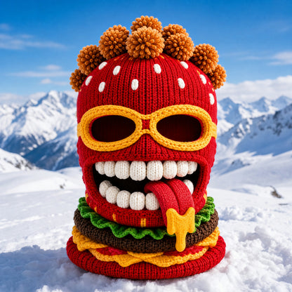🍔 Knitted Burger Ski Hat | Funny Hamburger Beanie for Snowboarding Winter Slopes