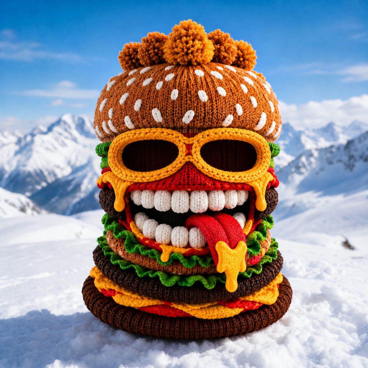 🍔 Knitted Burger Ski Hat | Funny Hamburger Beanie for Snowboarding Winter Slopes