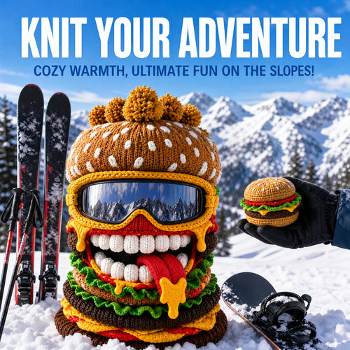 🍔 Knitted Burger Ski Hat | Funny Hamburger Beanie for Snowboarding Winter Slopes