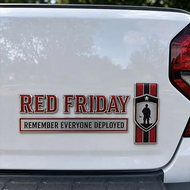 RED Friday 3-Piece 3D Metal Car Emblem Set – Remember Everyone Deployed Military Tribute Badges