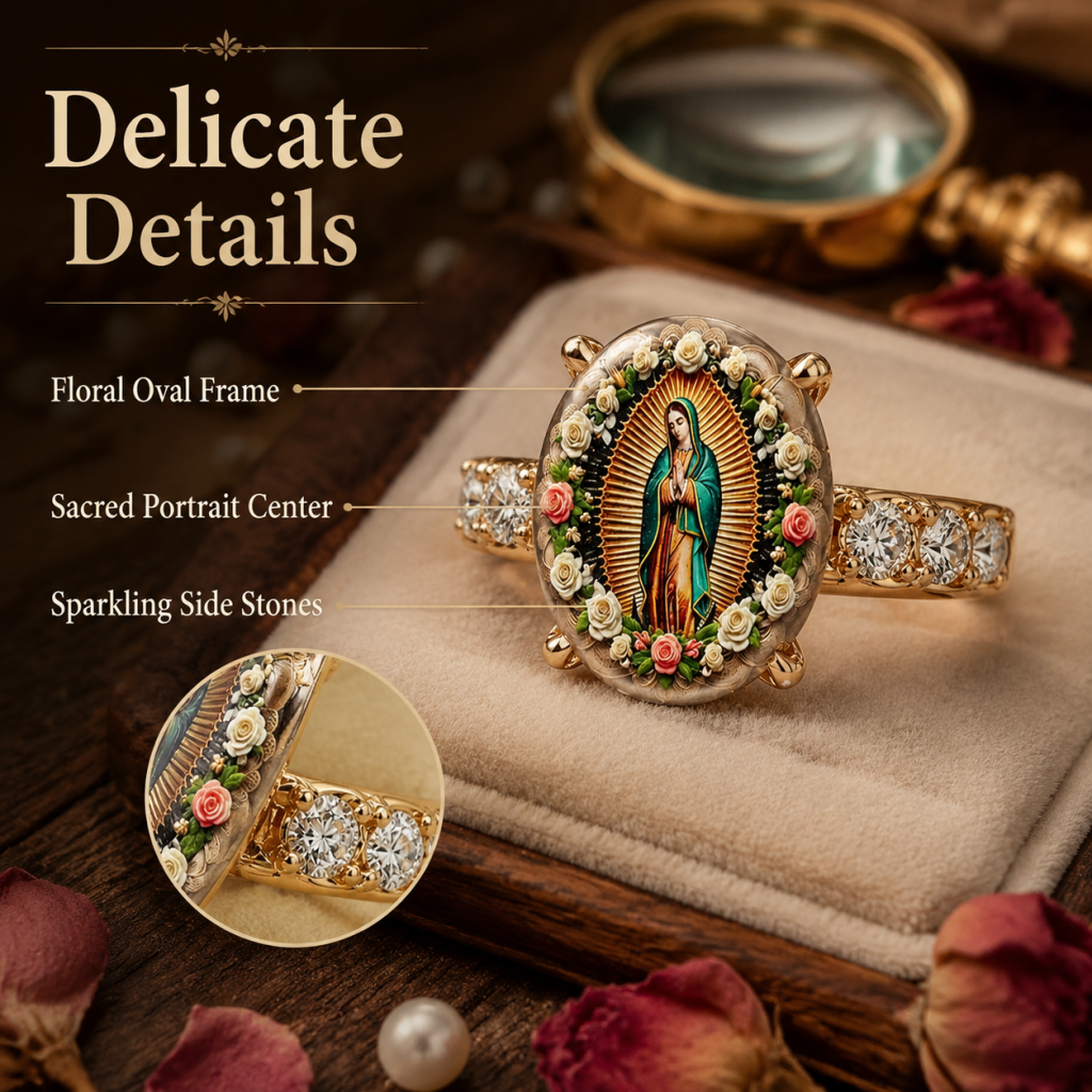 Vintage floral oval print ring featuring the Virgin Mary