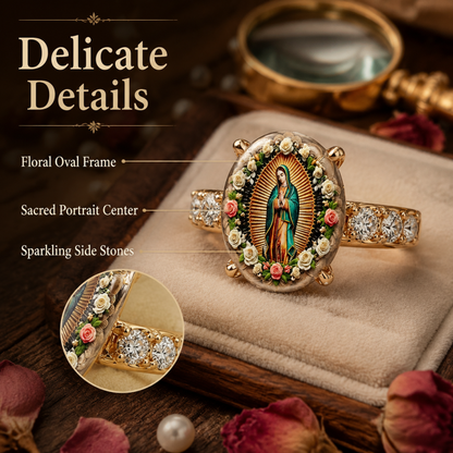 Vintage floral oval print ring featuring the Virgin Mary