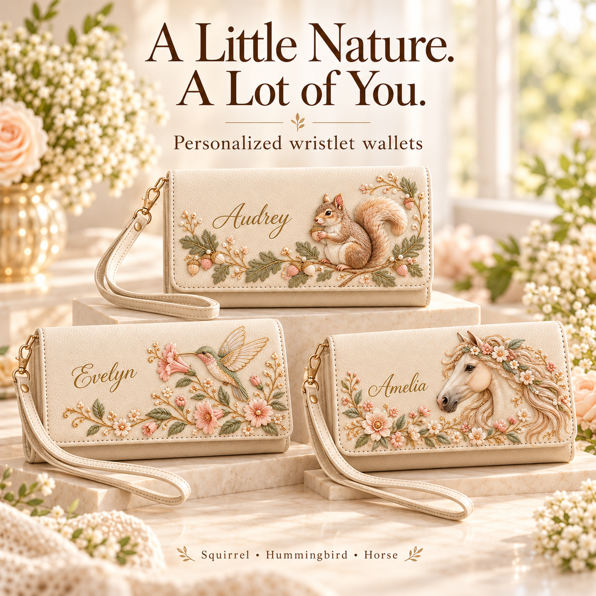 ✨ Custom Name "Flora & Fauna"  Embossed Wristlet Wallet | Personalized Everyday Purse