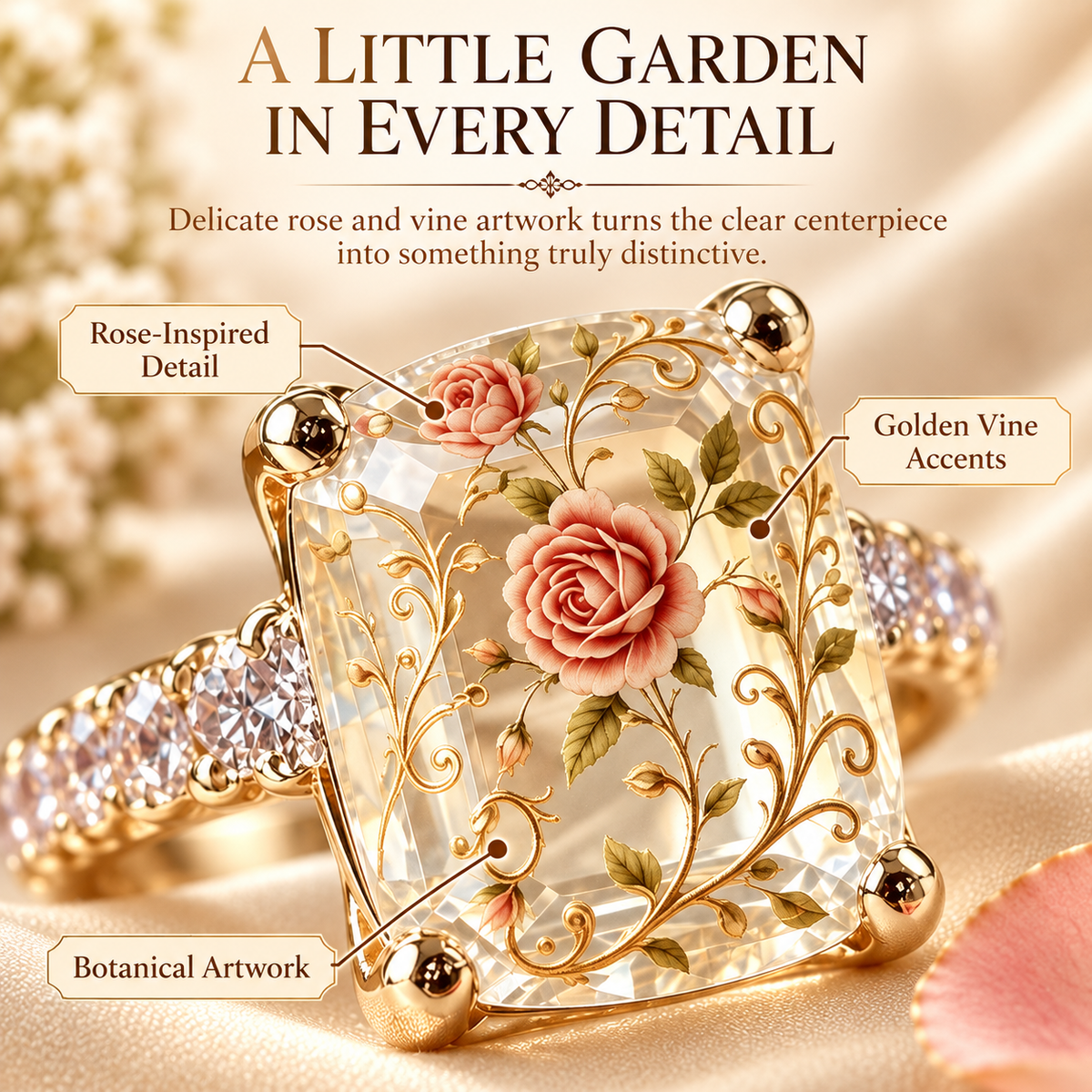Vintage Rose Floral Statement Ring | Gold-Tone Band, US Sizes 6-10