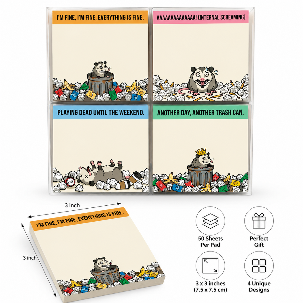 The "Relatable Opossum" Sticky Note Set (4-Pack) 🐾🗑️ | Funny Office Desk Accessories &amp; Coworker Gag Gift