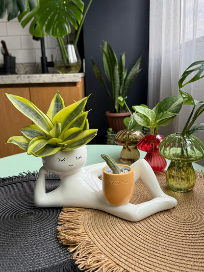 Lazy Guy Planter – Funny Reclining Face Succulent Pot with Mini Planter for Home & Desk Decor