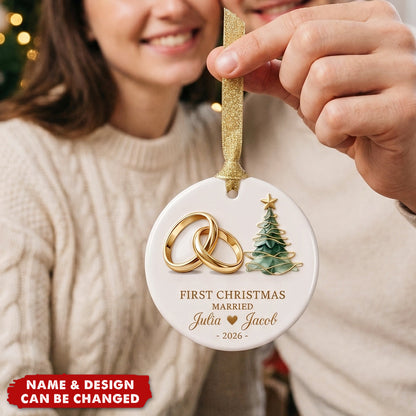 Personalized First Christmas Married Ceramic Ornament - Custom Couple Names & Year Christmas Tree Keepsake Gift