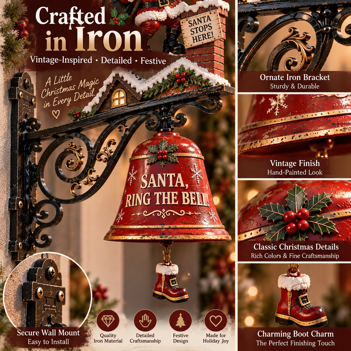 🎅 Santa, Ring the Bell! Iron Christmas Door Bell — Vintage Holiday Porch & Entryway Decor