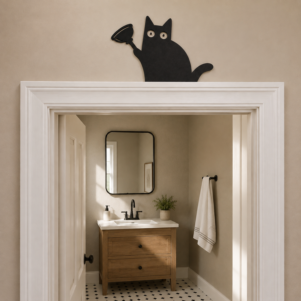 Nosy Black Cat Bathroom Door Topper 🐈‍⬛🚽
