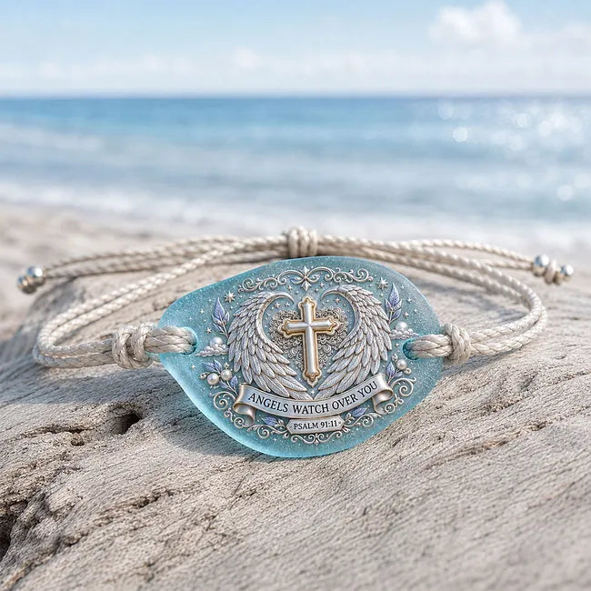 Angels Watch Over You Sea Glass Memorial Bracelet – Psalm 91:11 Christian Cross & Angel Wings Keepsake