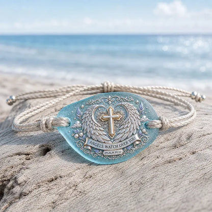 Angels Watch Over You Sea Glass Memorial Bracelet – Psalm 91:11 Christian Cross & Angel Wings Keepsake