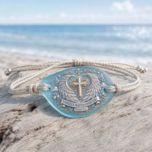 Angels Watch Over You Sea Glass Memorial Bracelet – Psalm 91:11 Christian Cross & Angel Wings Keepsake