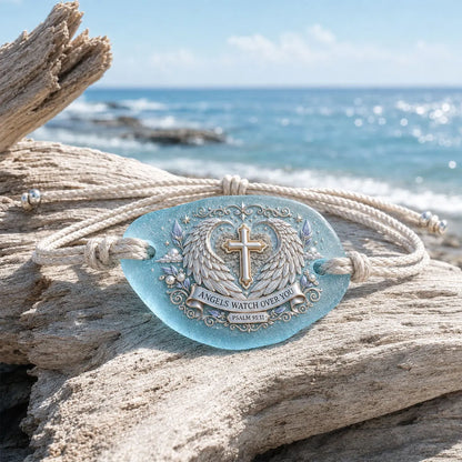 Angels Watch Over You Sea Glass Memorial Bracelet – Psalm 91:11 Christian Cross & Angel Wings Keepsake