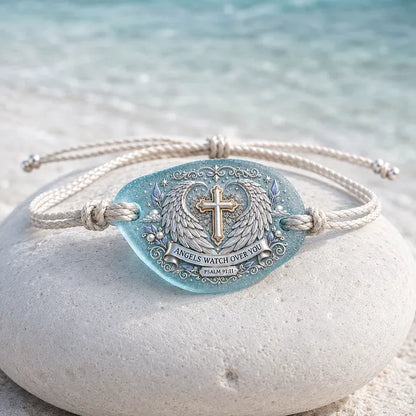 Angels Watch Over You Sea Glass Memorial Bracelet – Psalm 91:11 Christian Cross & Angel Wings Keepsake