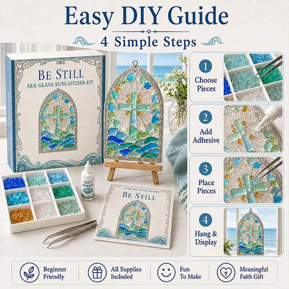 “Be Still” Christian Sea Glass Suncatcher DIY Kit – Cross & Ocean Wave Stained Glass Craft, Psalm 46:10 Faith-Inspired Window Décor and Religious Gift