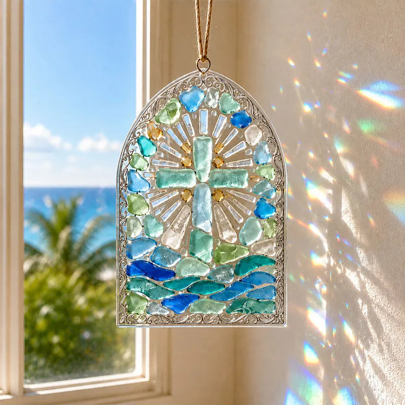 “Be Still” Christian Sea Glass Suncatcher DIY Kit – Cross & Ocean Wave Stained Glass Craft, Psalm 46:10 Faith-Inspired Window Décor and Religious Gift