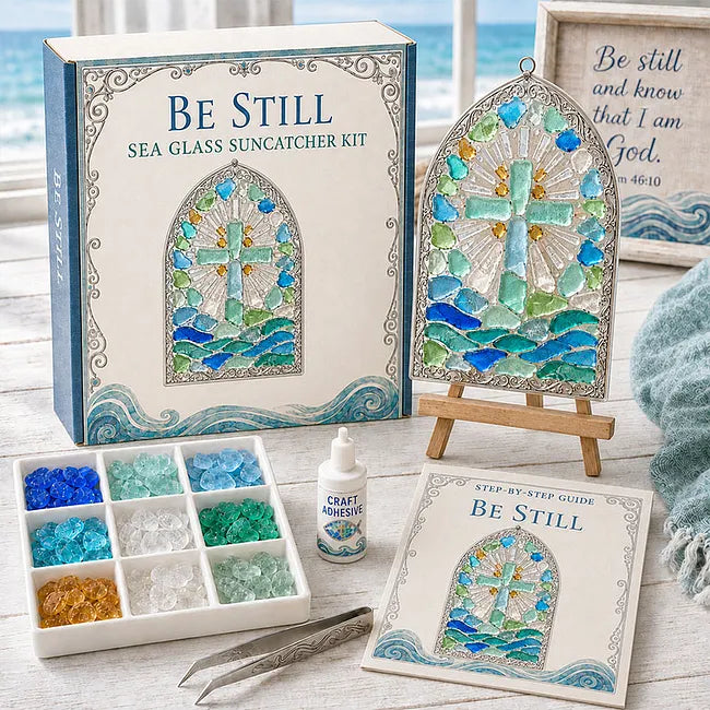 “Be Still” Christian Sea Glass Suncatcher DIY Kit – Cross & Ocean Wave Stained Glass Craft, Psalm 46:10 Faith-Inspired Window Décor and Religious Gift