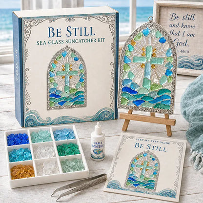 “Be Still” Christian Sea Glass Suncatcher DIY Kit – Cross & Ocean Wave Stained Glass Craft, Psalm 46:10 Faith-Inspired Window Décor and Religious Gift